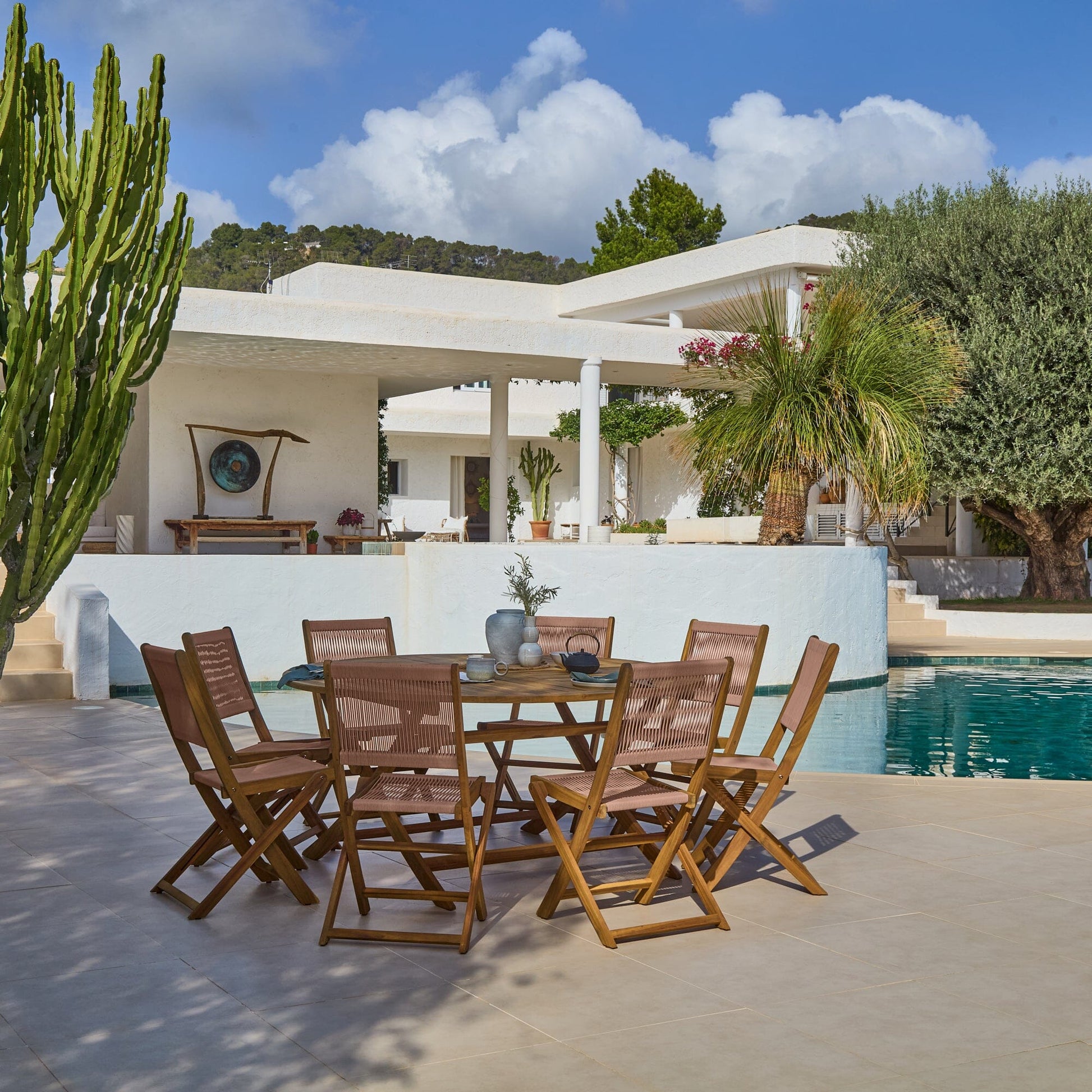 Ashby 8 Seater White Acacia Garden Dining Set with Cove Pink Rope Chairs - 160cm - Laura James