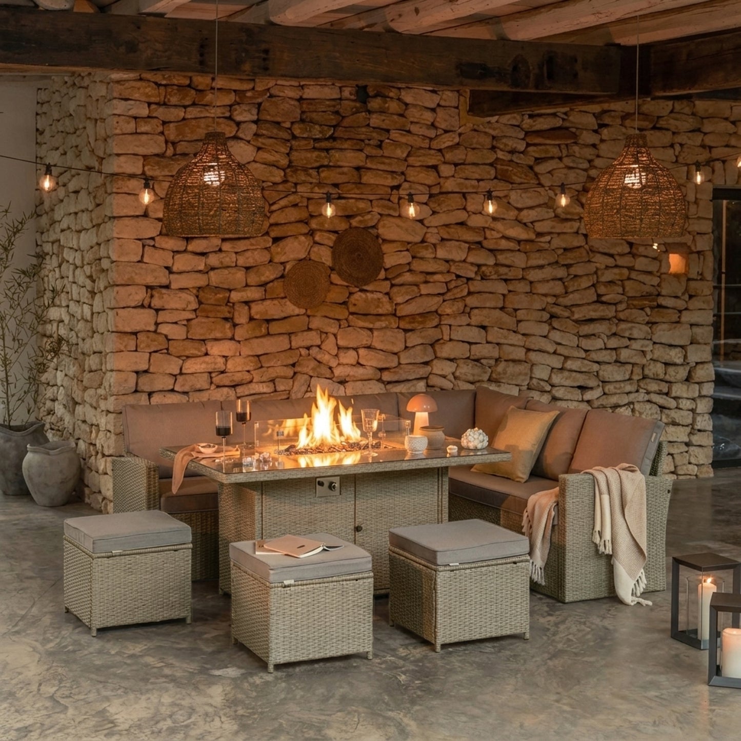 Aston 9 Seater Rattan Garden Corner Sofa Set with Fire Pit - Light Grey Weave