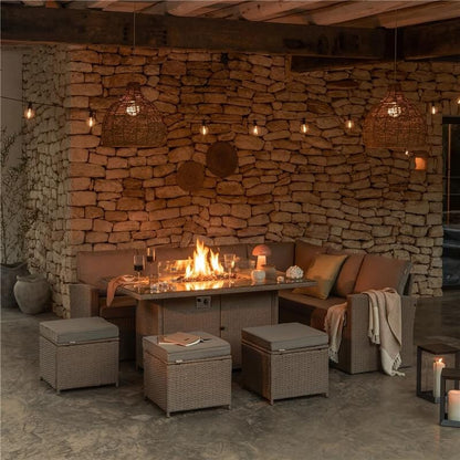 Aston 9 Seater Rattan Garden Corner Sofa Set with Fire Pit - Brown Weave