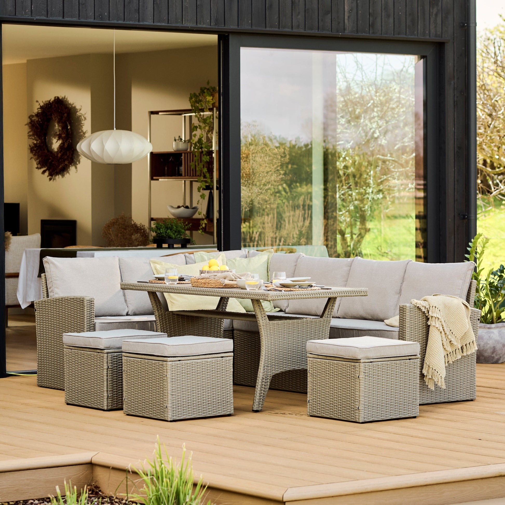 Aston 9 Seater Rattan Garden Corner Dining Set - Light Grey with Polywood Top - Laura James