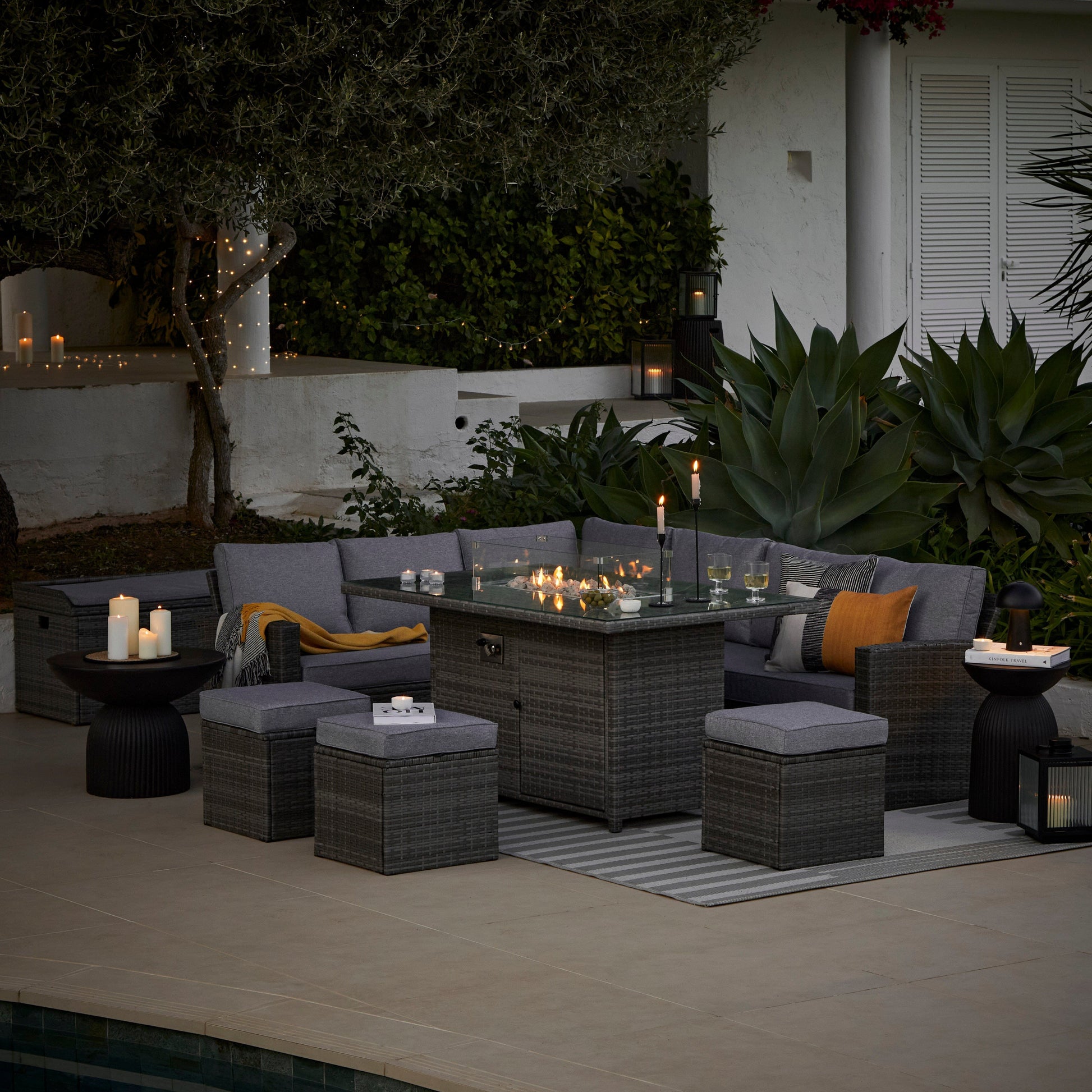 Aston 9 Seater Garden Sofa Set with Fire Pit - Grey - Laura James 