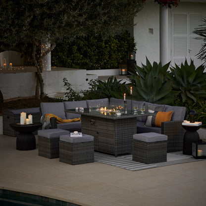 Aston 9 Seater Garden Sofa Set with Fire Pit - Grey - Laura James 