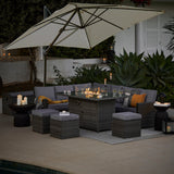 Aston 9 Seater Rattan Garden Corner Sofa Set with Cream Cantilever LED Premium Parasol - Firepit - Grey = Laura James 