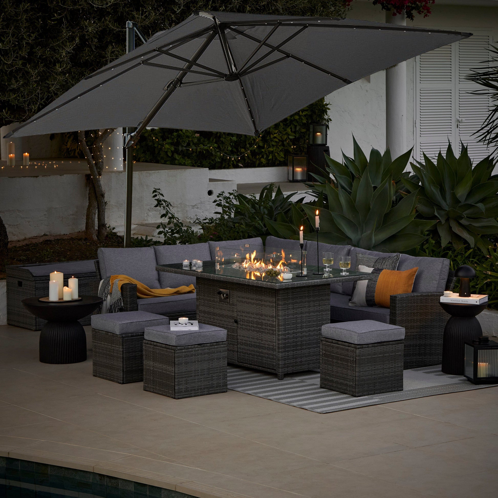 Aston 9 Seater Rattan Garden Corner Sofa Set with Grey Cantilever LED Premium Parasol - Firepit - Grey - Laura James 