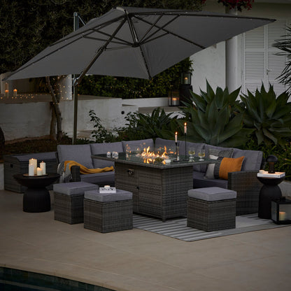 Aston 9 Seater Rattan Garden Corner Sofa Set with Grey Cantilever LED Premium Parasol - Firepit - Grey - Laura James 