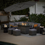 Aston 9 Seater Rattan Garden Corner Sofa Set with Grey Lean Over Parasol - Firepit - Grey - Laura James 