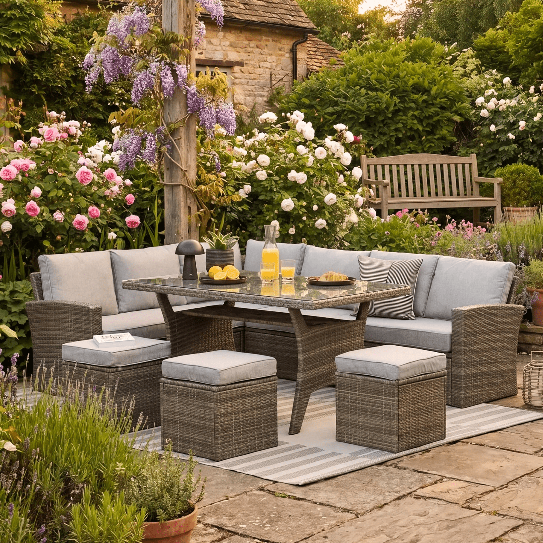 Aston 9 Seater Rattan Corner Sofa Set Glass Table Top