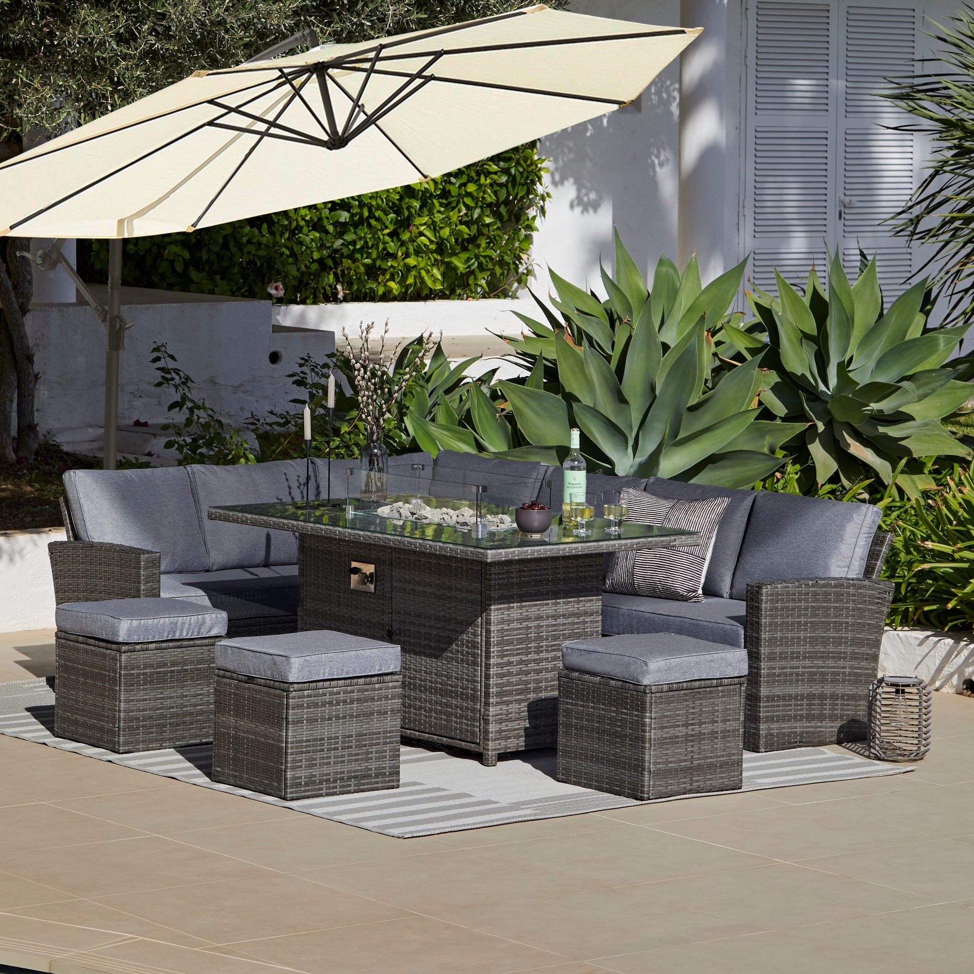 Aston 9 Seater Rattan Garden Corner Sofa Set with Cream Lean Over Parasol - Firepit - Grey - Laura James 