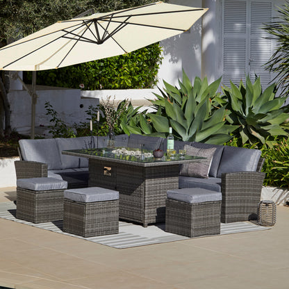 Aston 9 Seater Rattan Garden Corner Sofa Set with Cream Lean Over Parasol - Firepit - Grey - Laura James 