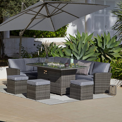 Aston 9 Seater Rattan Garden Corner Sofa Set with Grey Cantilever LED Premium Parasol - Firepit - Grey - Laura James 