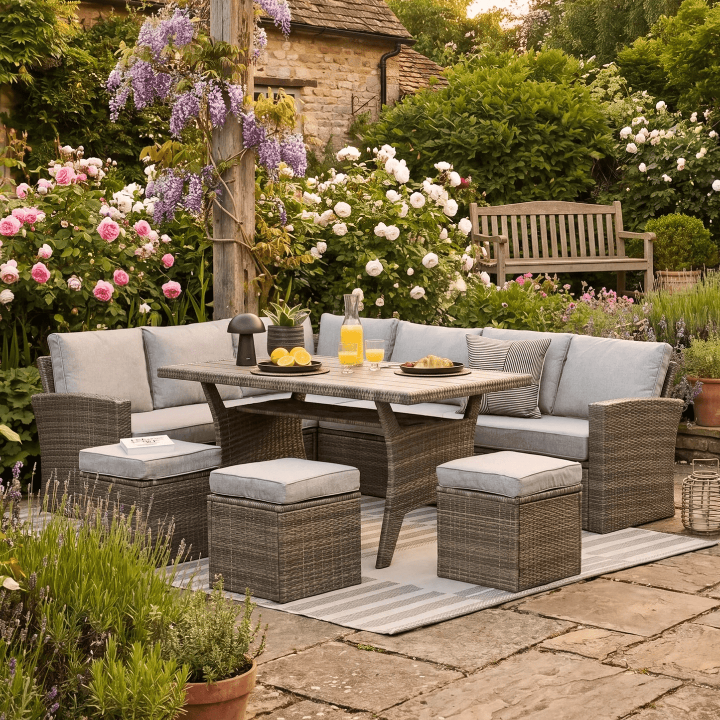Aston 9 Seater Rattan Garden Corner Sofa Set with Cream Lean Over Parasol - Polywood Top - Grey