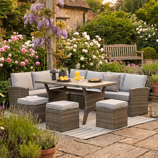 Aston 9 Seater Rattan Corner Sofa Set with Polywood Top - Grey