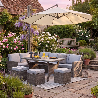 Aston 9 Seater Rattan Garden Corner Sofa Set with Cream Lean Over Parasol - Polywood Top - Grey