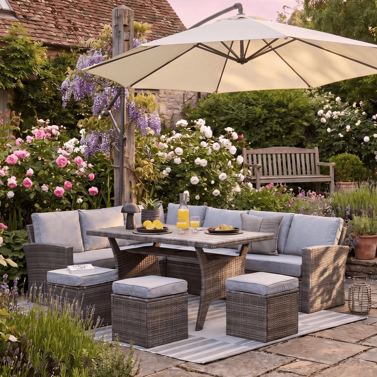 Aston 9 Seater Rattan Garden Corner Sofa Set with Cream Lean Over Parasol - Polywood Top - Grey