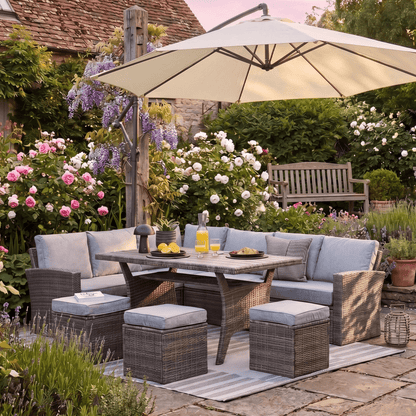 Aston 9 Seater Rattan Garden Corner Sofa Set with Cream Lean Over Parasol - Polywood Top - Grey