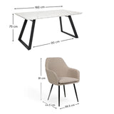 Atlas 160cm White Marble Veneer Dining Table Set - 6 Seater - Dolly Cream Boucle Armchairs with Black Legs