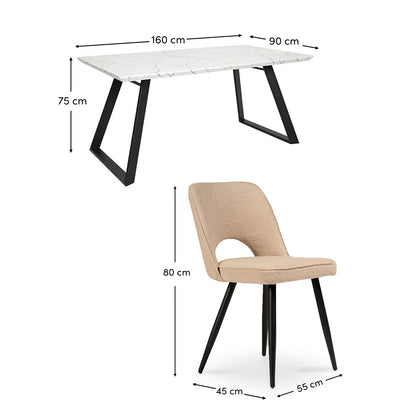Atlas 160cm White Marble Veneer Dining Table Set - 6 Seater - Dolly Cream Boucle Dining Chairs with Black Legs - Laura James