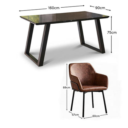 Atlas 160cm Black Marble Veneer Dining Table Set - 6 Seater - Reagan Dining Armchairs - Saddle Brown - Laura James