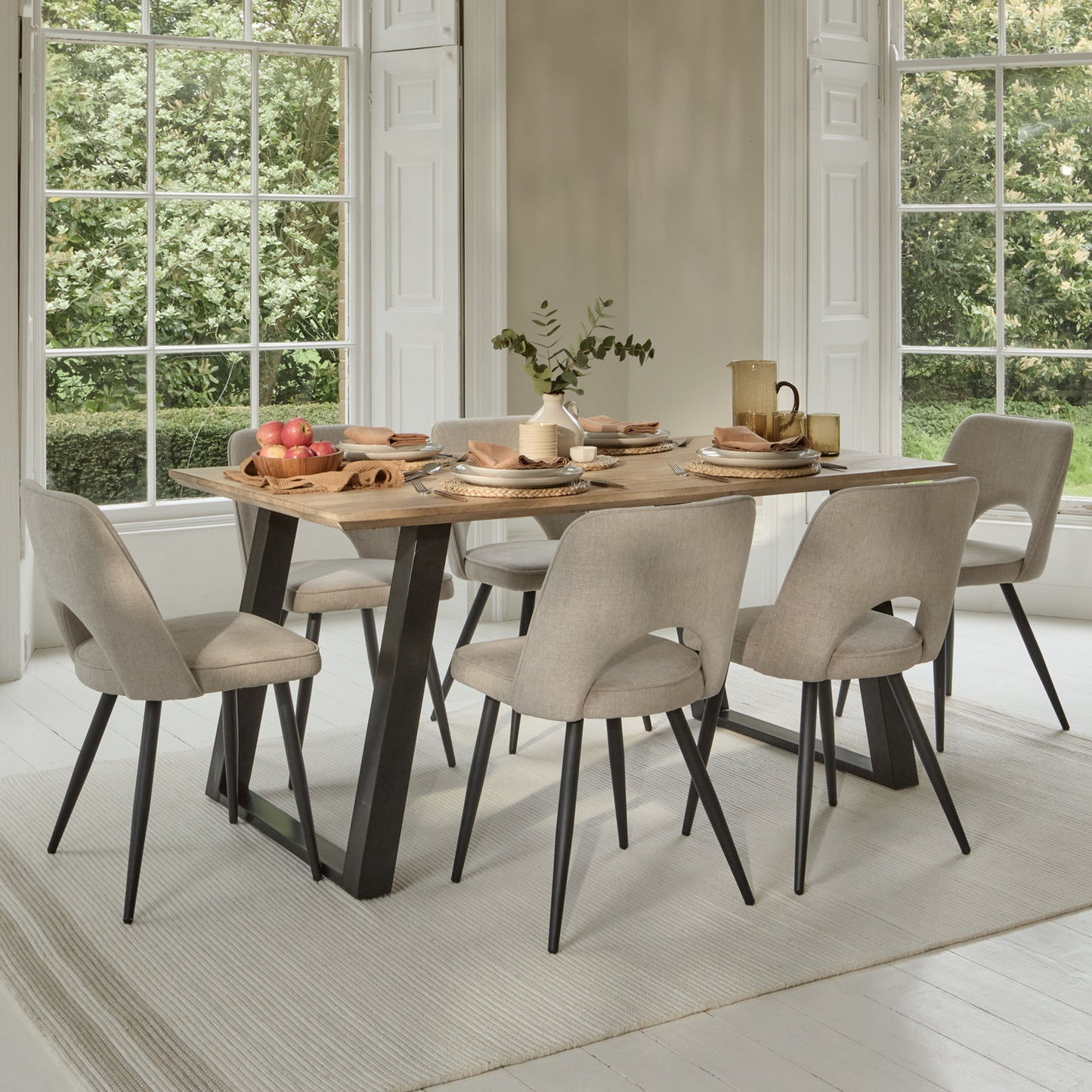 Atlas 160cm Chalked Mango Wood Dining Table Set - 6 Seater - Dolly Soft Beige Dining Chairs - Black Legs - Laura James