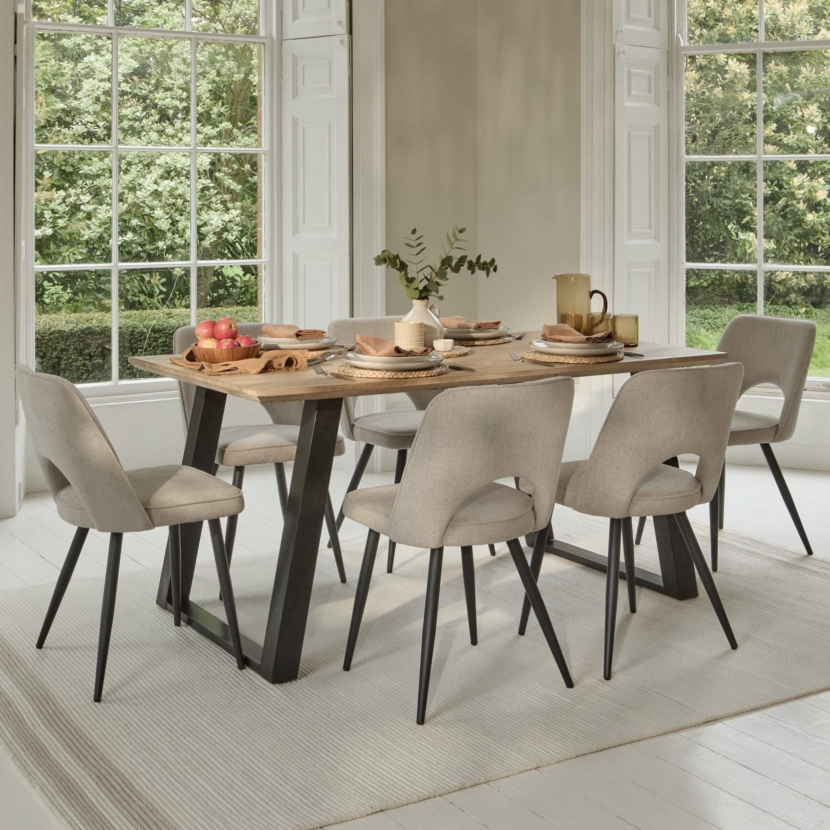 Atlas 160cm Chalked Mango Wood Dining Table Set - 6 Seater - Dolly Soft Beige Dining Chairs - Black Legs - Laura James
