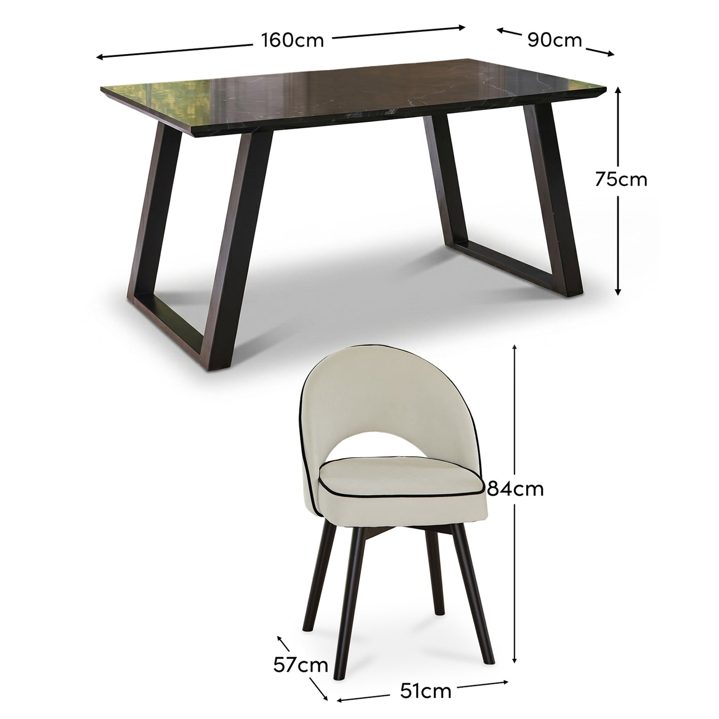 Atlas 160cm Black Marble Veneer Dining Table Set - 6 Seater - Marilyn Dining Chairs - Ivory - Black Piping & Black Legs - Laura James