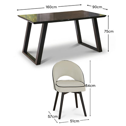 Atlas 160cm Black Marble Veneer Dining Table Set - 6 Seater - Marilyn Dining Chairs - Ivory - Black Piping & Black Legs - Laura James