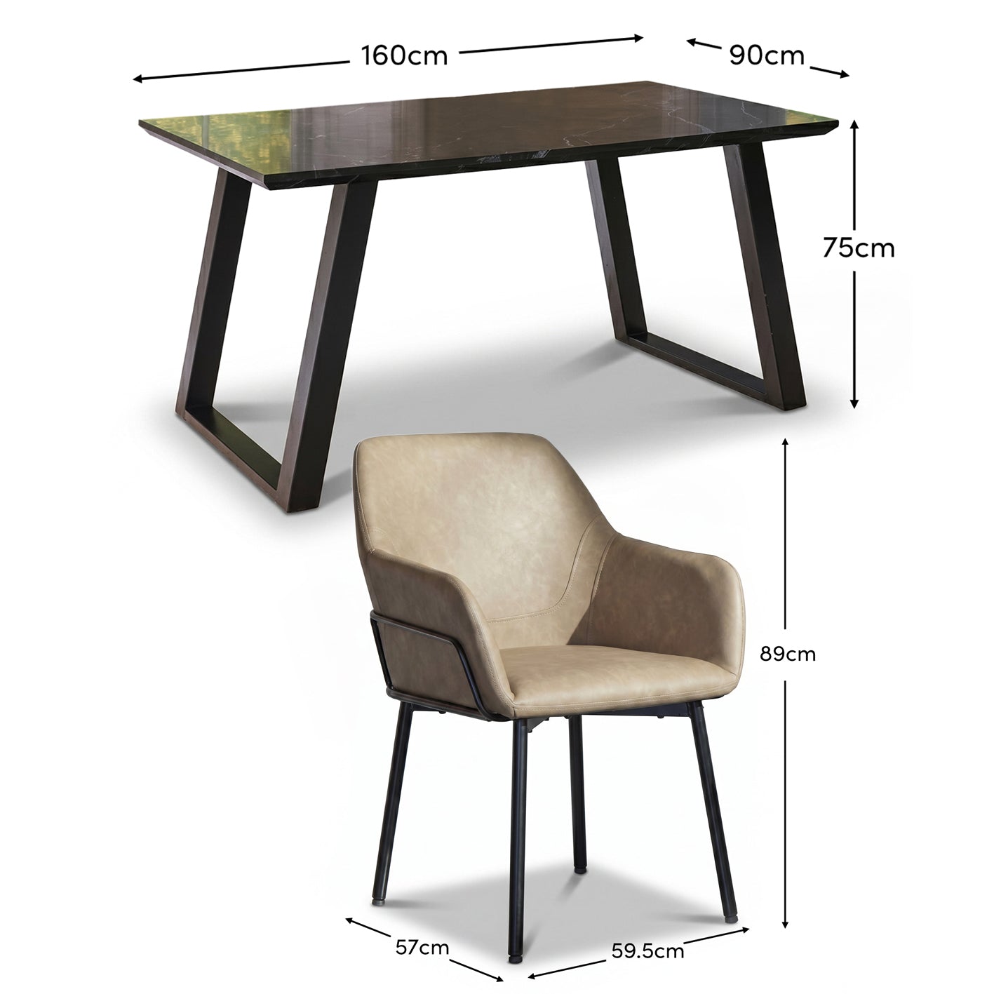 Atlas 160cm Black Marble Veneer Dining Table Set - 6 Seater - Reagan Dining Armchairs - Almond Brown - Laura James