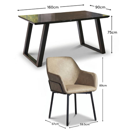 Atlas 160cm Black Marble Veneer Dining Table Set - 6 Seater - Reagan Dining Armchairs - Almond Brown - Laura James