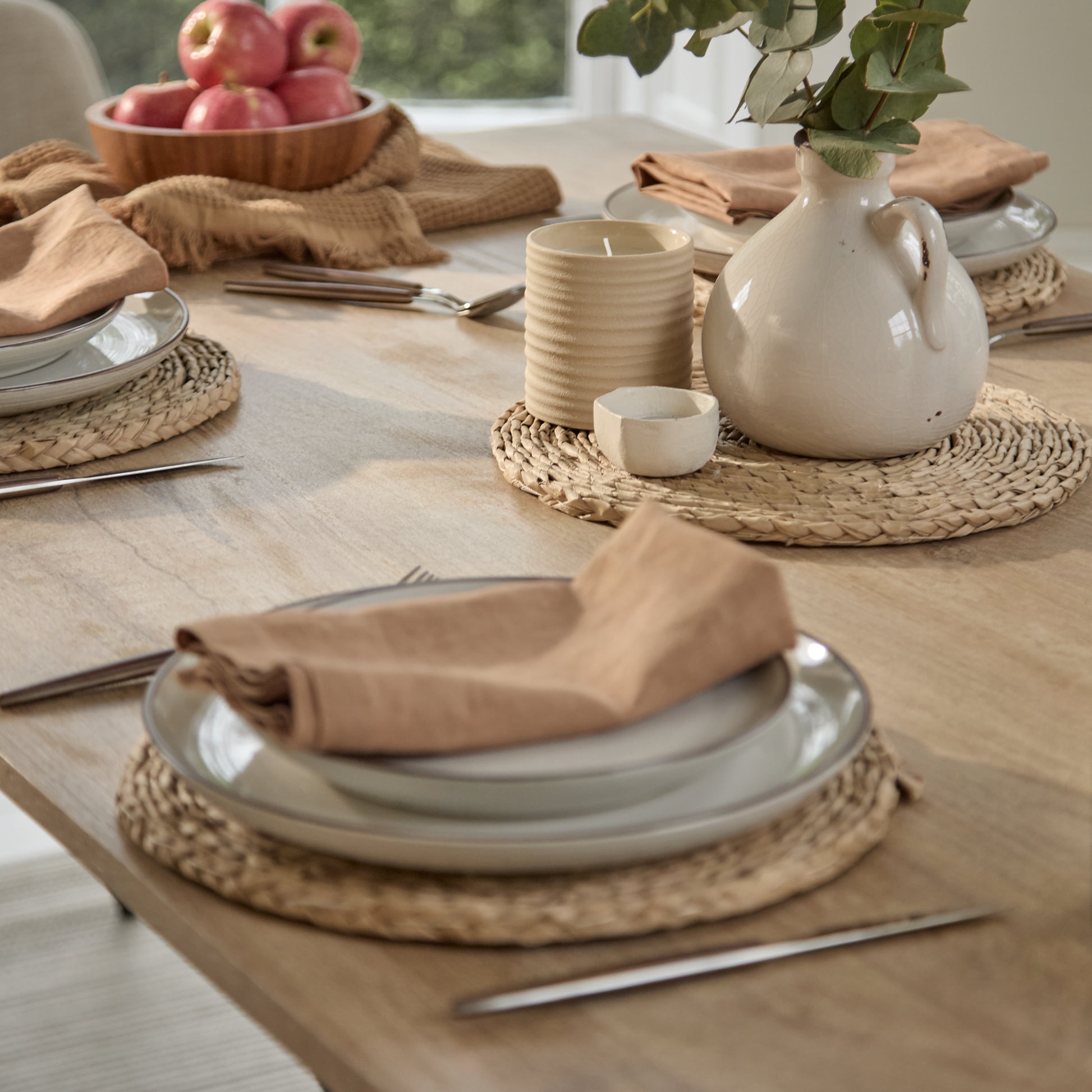 Atlas 160cm Chalked Mango Wood Dining Table Set - 6 Seater - Dolly Dining Chairs - Mink Taupe with Black Legs - Laura James