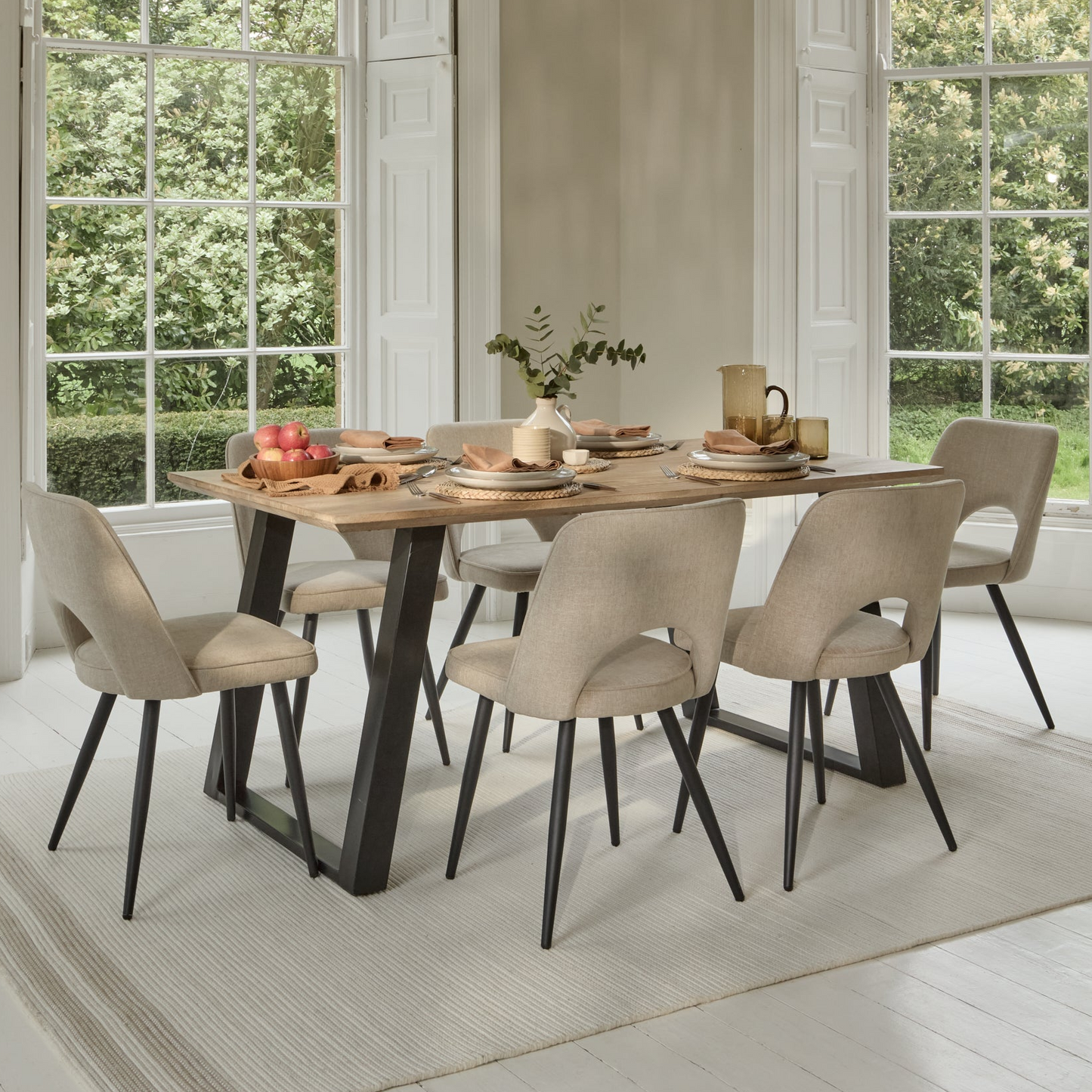 Atlas 160cm Chalked Mango Wood Dining Table Set - 6 Seater - Dolly Dining Chairs - Mink Taupe with Black Legs - Laura James