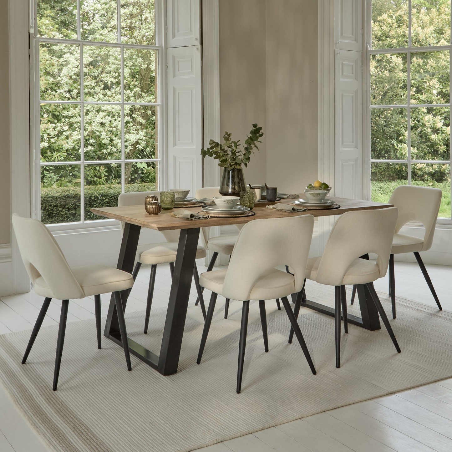 Atlas 160cm Chalked Mango Wood Dining Table Set - 6 Seater - Dolly Dining Chairs - Oyster White - Black Legs - Laura James