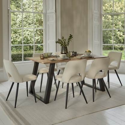 Atlas 160cm Chalked Mango Wood Dining Table Set - 6 Seater - Dolly Dining Chairs - Oyster White - Black Legs - Laura James
