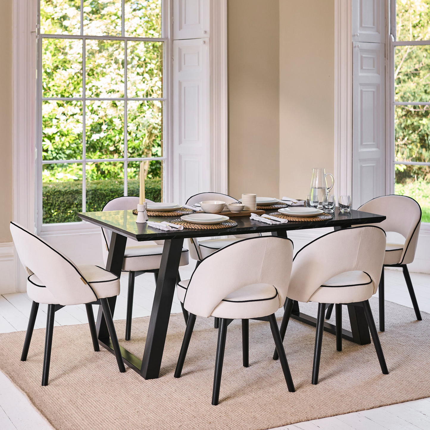 Atlas 160cm Black Marble Veneer Dining Table Set - 6 Seater - Marilyn Dining Chairs - Ivory - Black Piping & Black Legs - Laura James