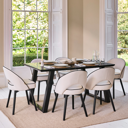 Atlas 160cm Black Marble Veneer Dining Table Set - 6 Seater - Marilyn Dining Chairs - Ivory - Black Piping & Black Legs - Laura James