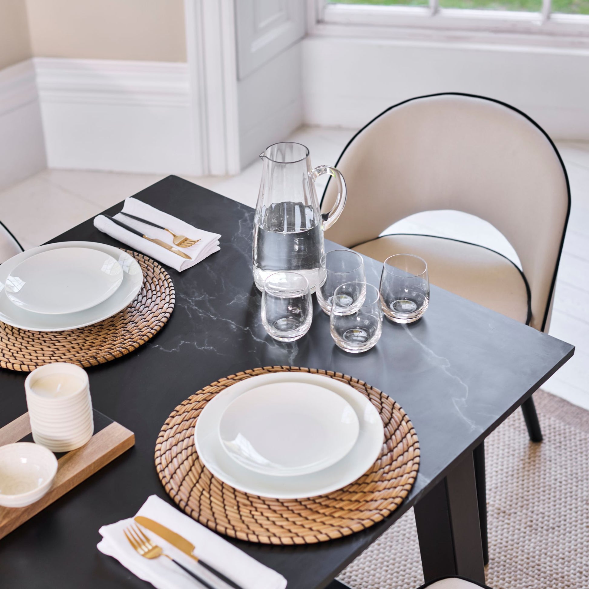 Atlas 160cm Black Marble Veneer Dining Table Set - 6 Seater - Marilyn Dining Chairs - Ivory - Black Piping & Black Legs - Laura James