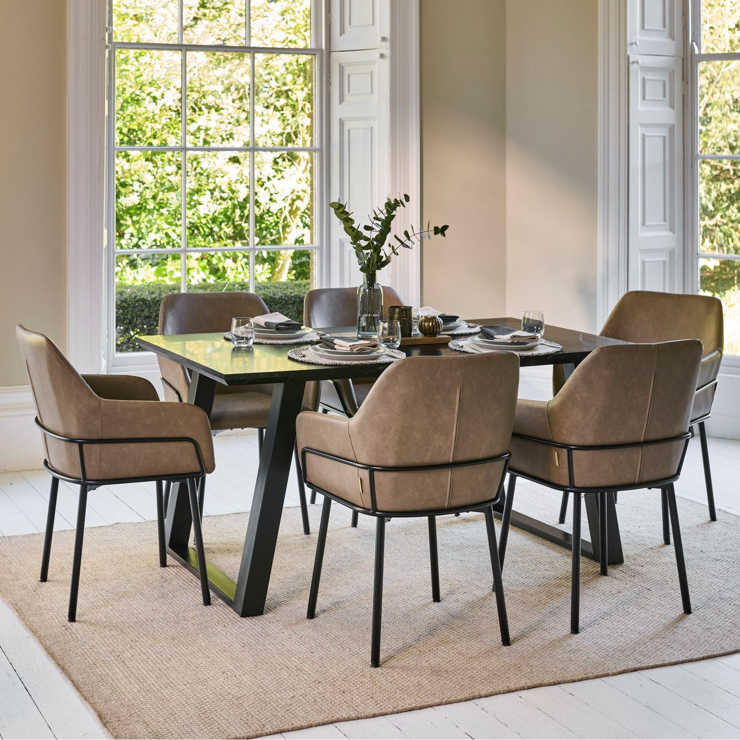 Atlas 160cm Black Marble Veneer Dining Table Set - 6 Seater - Reagan Faux Leather Dining Armchairs - Almond Brown - Laura James