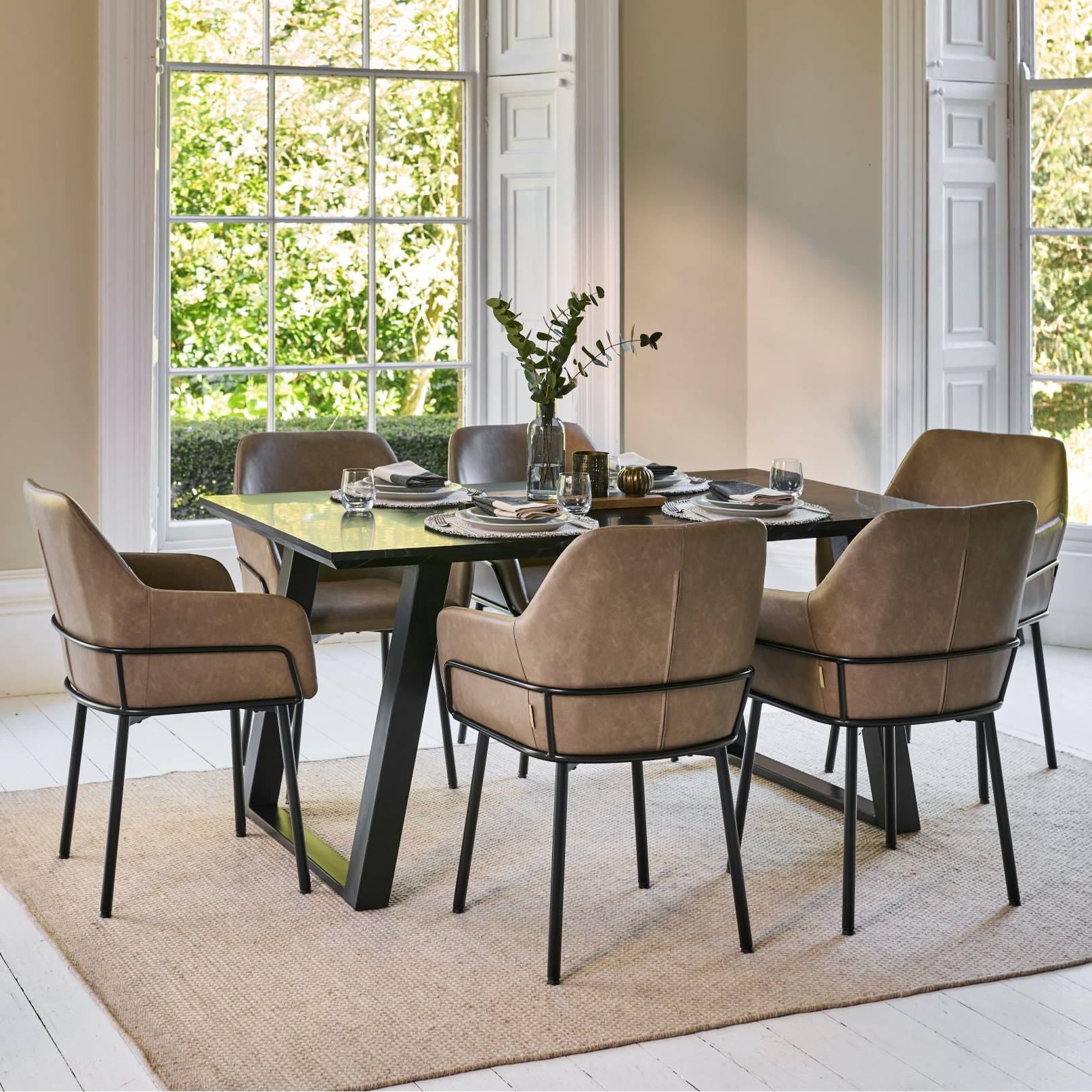 Atlas 160cm Black Marble Veneer Dining Table Set - 6 Seater - Reagan Faux Leather Dining Armchairs - Almond Brown - Laura James