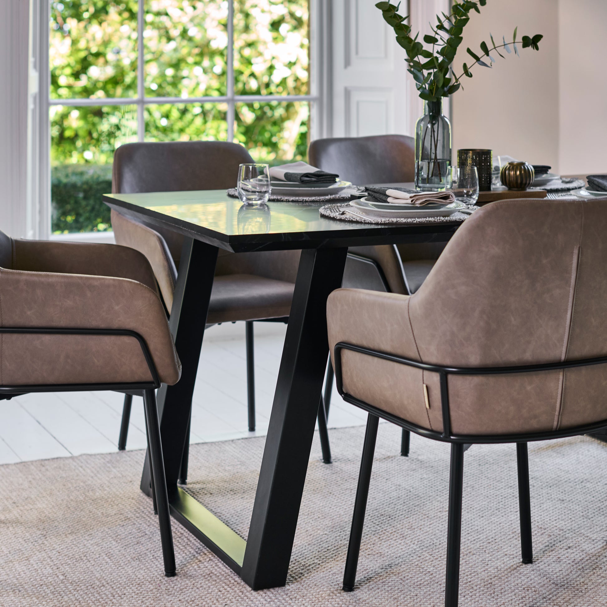 Atlas 160cm Black Marble Veneer Dining Table Set - 6 Seater - Reagan Dining Armchairs - Almond Brown - Laura James