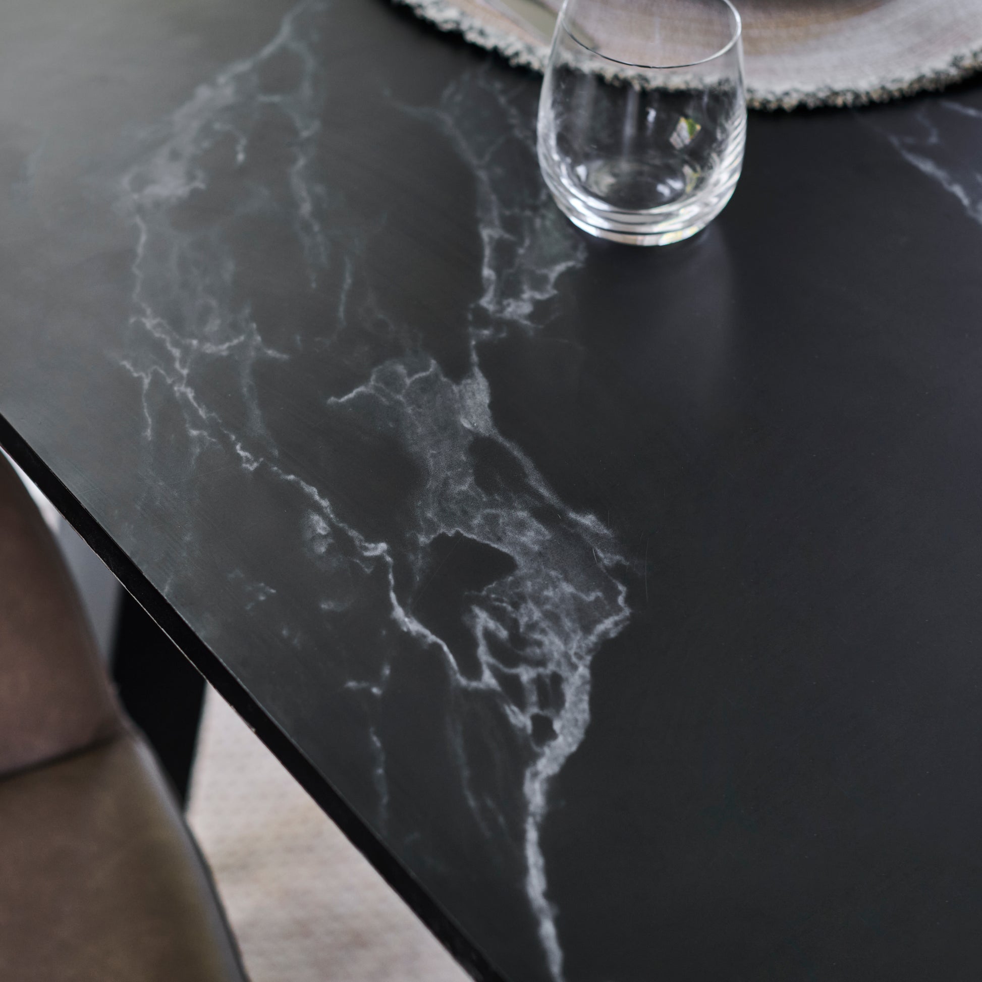 Atlas 160cm Black Marble Veneer Dining Table Set - 6 Seater - Reagan Dining Armchairs - Almond Brown - Laura James