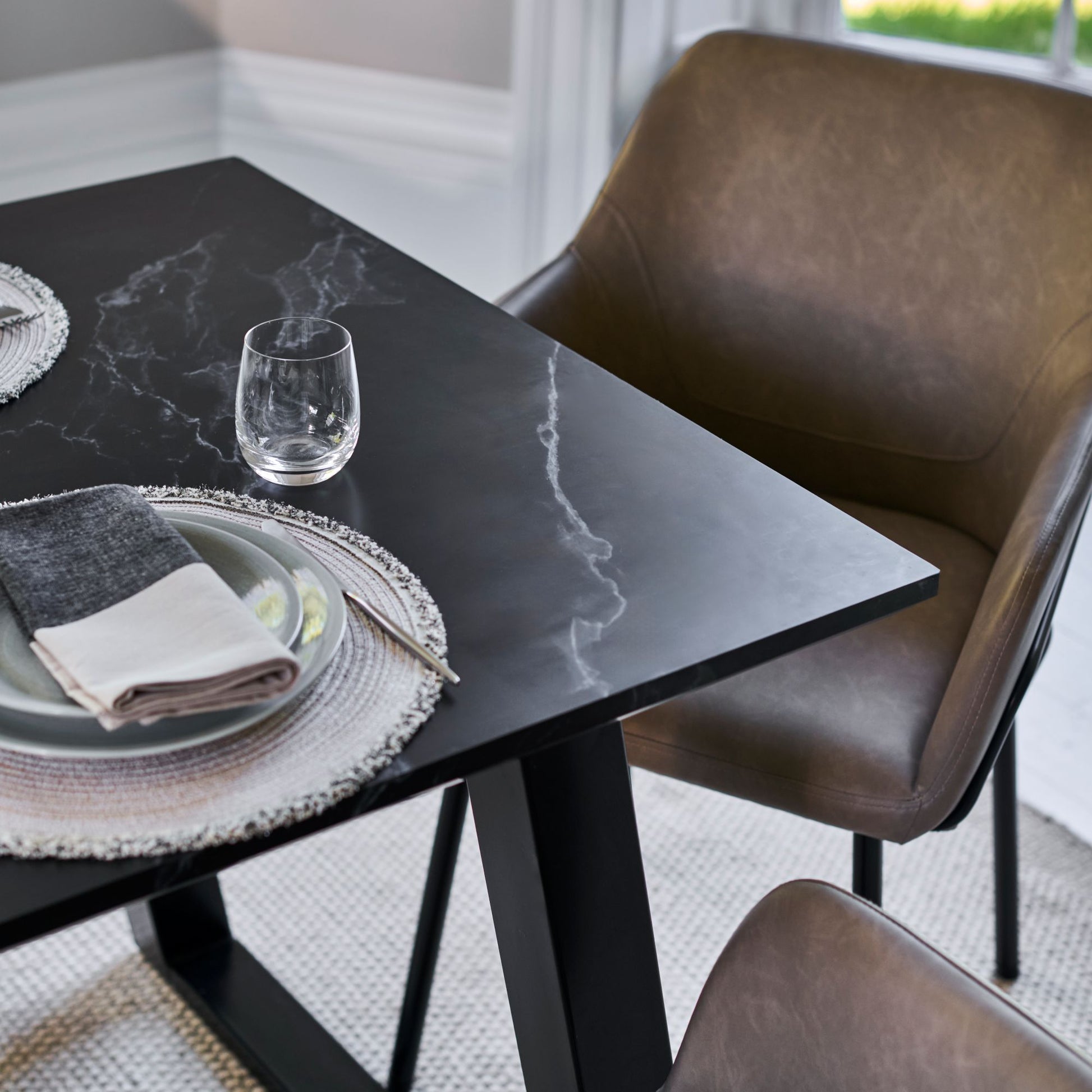 Atlas 160cm Black Marble Veneer Dining Table Set - 6 Seater - Reagan Dining Armchairs - Almond Brown - Laura James