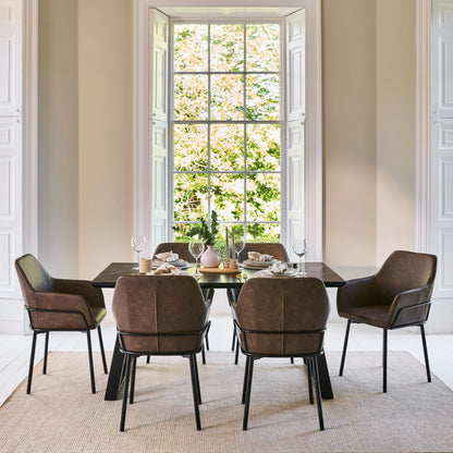 Atlas 160cm Black Marble Veneer Dining Table Set - 6 Seater - Reagan Dining Armchairs - Saddle Brown - Laura James