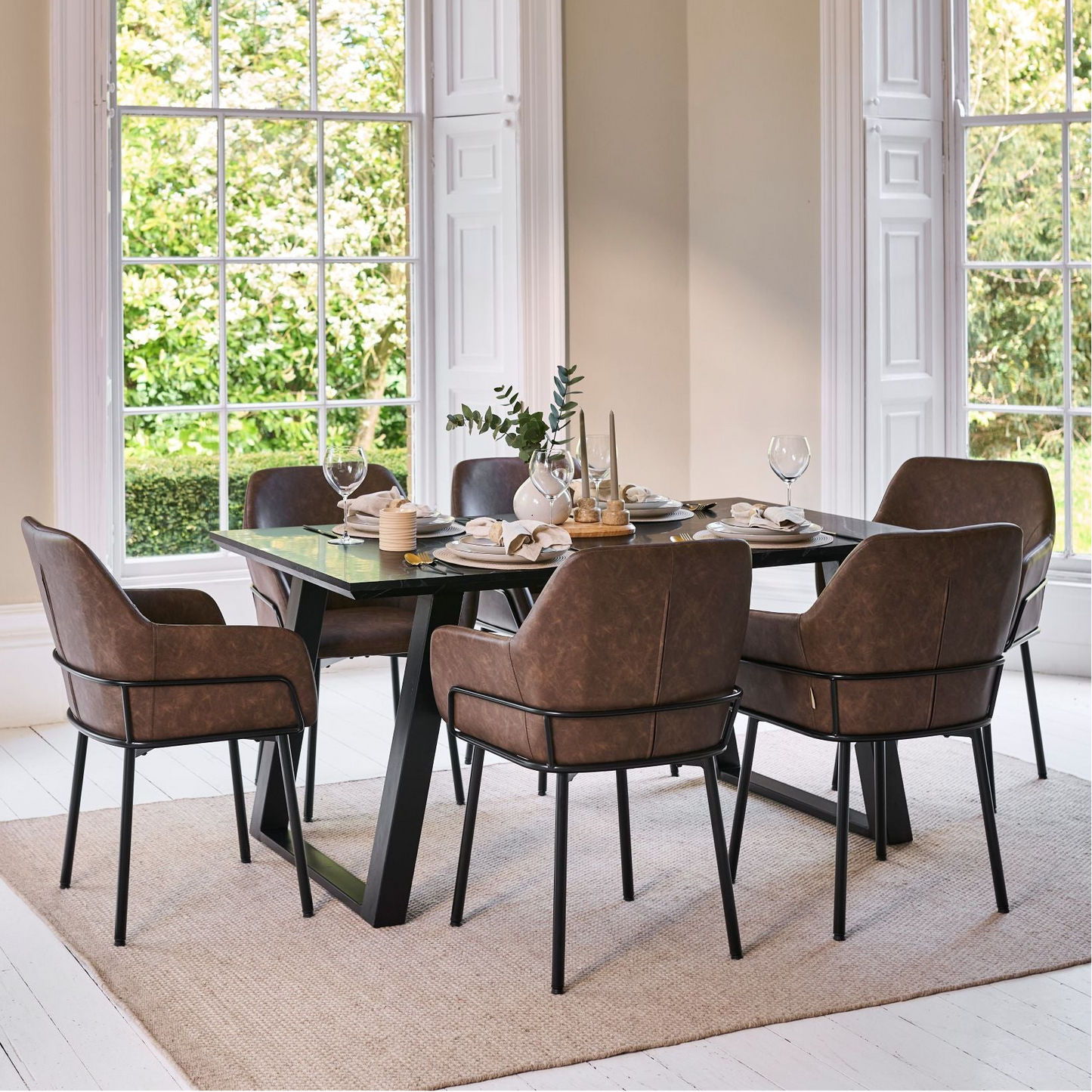 Atlas 160cm Black Marble Veneer Dining Table Set - 6 Seater - Reagan Faux Leather Dining Armchairs - Saddle Brown - Laura James
