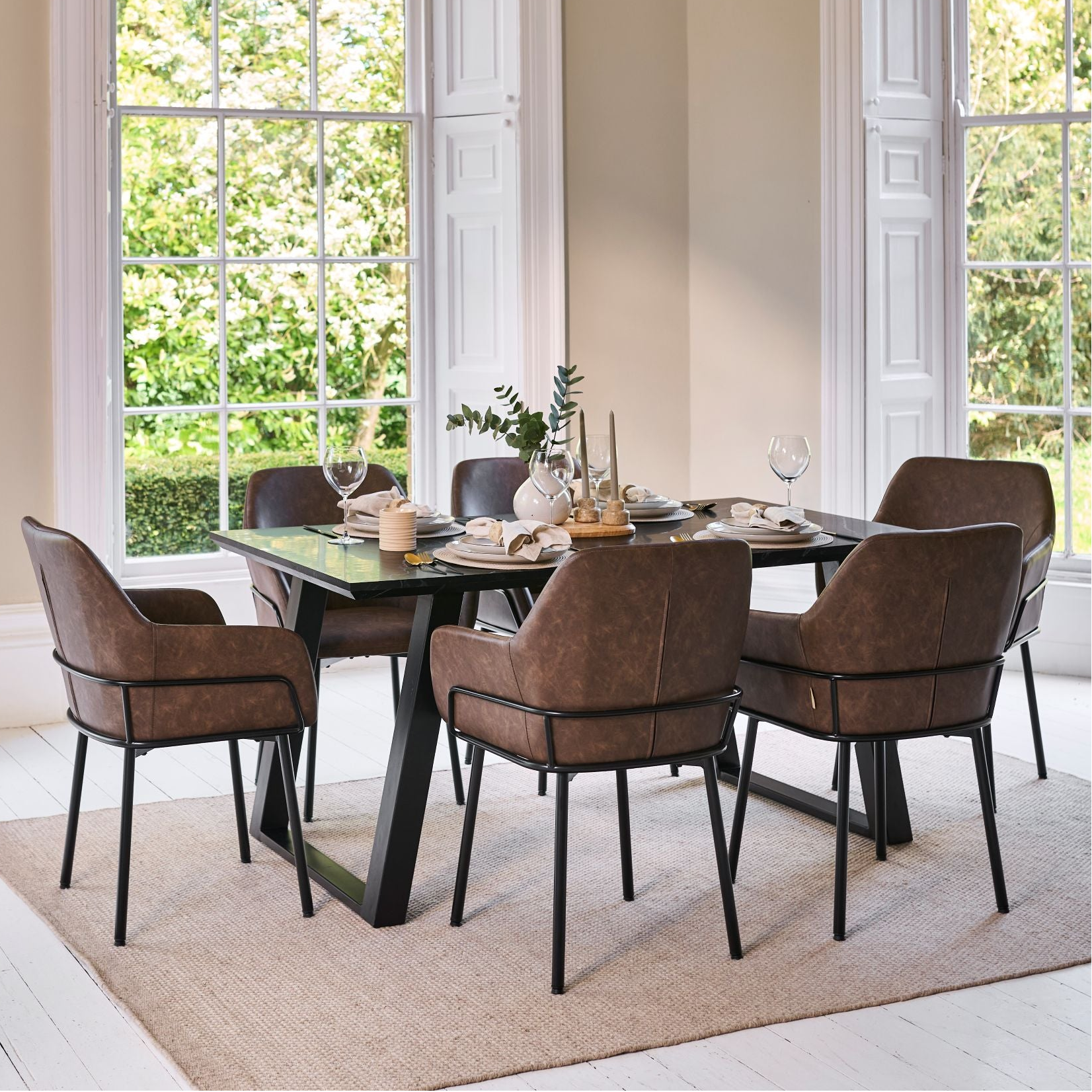 Atlas 160cm Black Marble Veneer Dining Table Set - 6 Seater - Reagan Faux Leather Dining Armchairs - Saddle Brown - Laura James