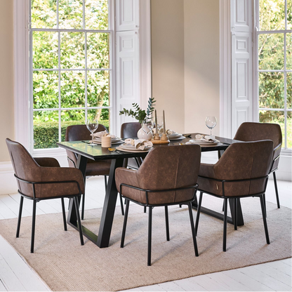 Atlas 160cm Black Marble Veneer Dining Table Set - 6 Seater - Reagan Faux Leather Dining Armchairs - Saddle Brown - Laura James
