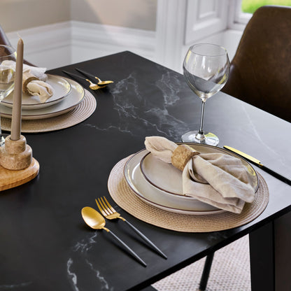 Atlas 160cm Black Marble Veneer Dining Table Set - 6 Seater - Reagan Dining Armchairs - Saddle Brown - Laura James