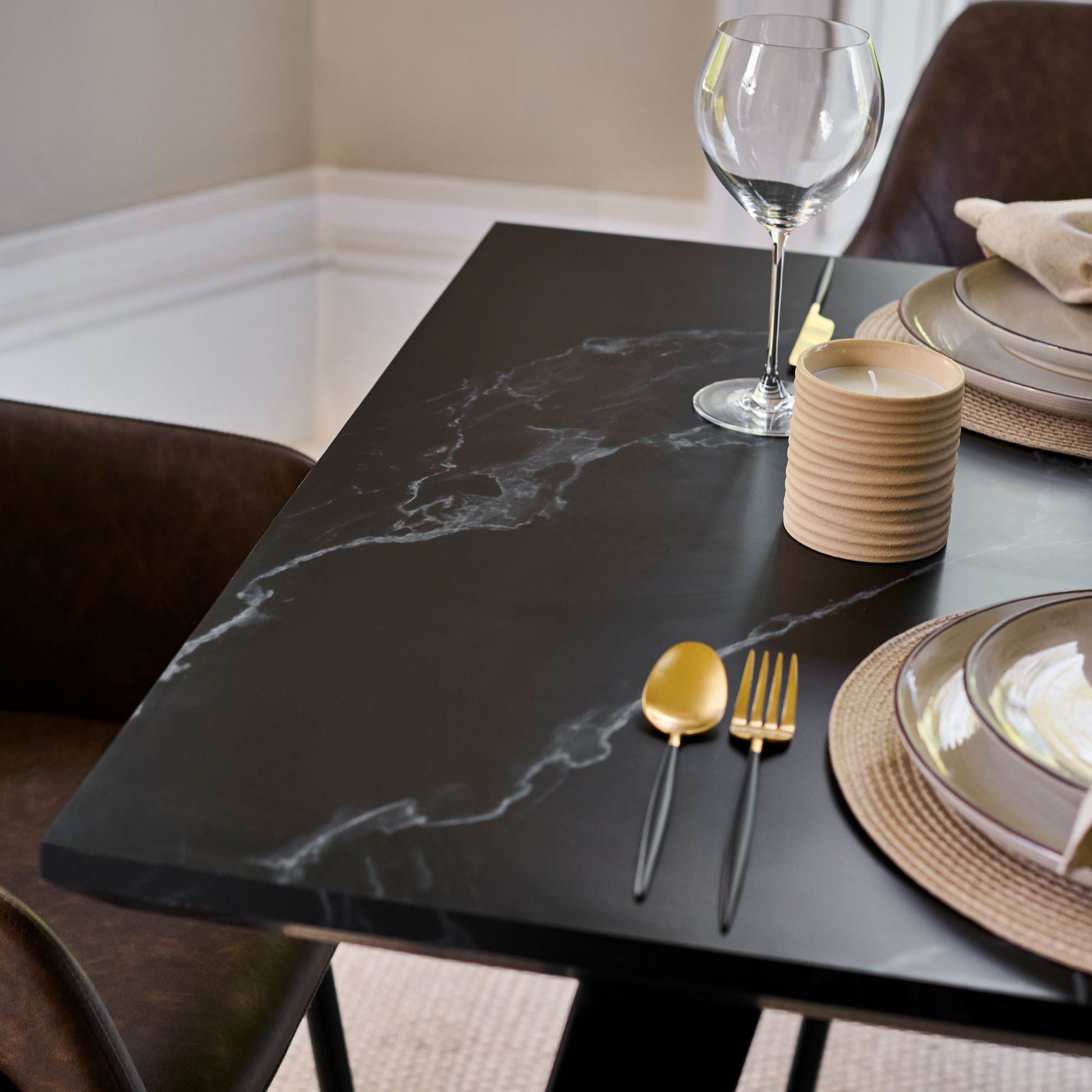 Atlas 160cm Black Marble Veneer Dining Table Set - 6 Seater - Reagan Dining Armchairs - Saddle Brown - Laura James