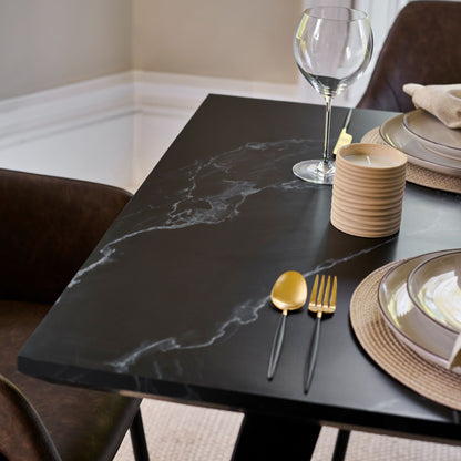 Atlas 160cm Black Marble Veneer Dining Table Set - 6 Seater - Reagan Dining Armchairs - Saddle Brown - Laura James