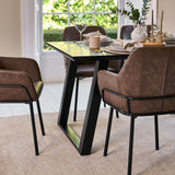 Atlas 160cm Black Marble Veneer Dining Table Set - 6 Seater - Reagan Dining Armchairs - Saddle Brown - Laura James