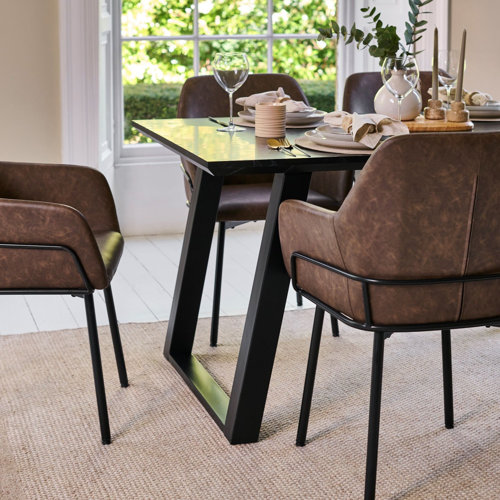 Atlas 160cm Black Marble Veneer Dining Table Set - 6 Seater - Reagan Dining Armchairs - Saddle Brown - Laura James