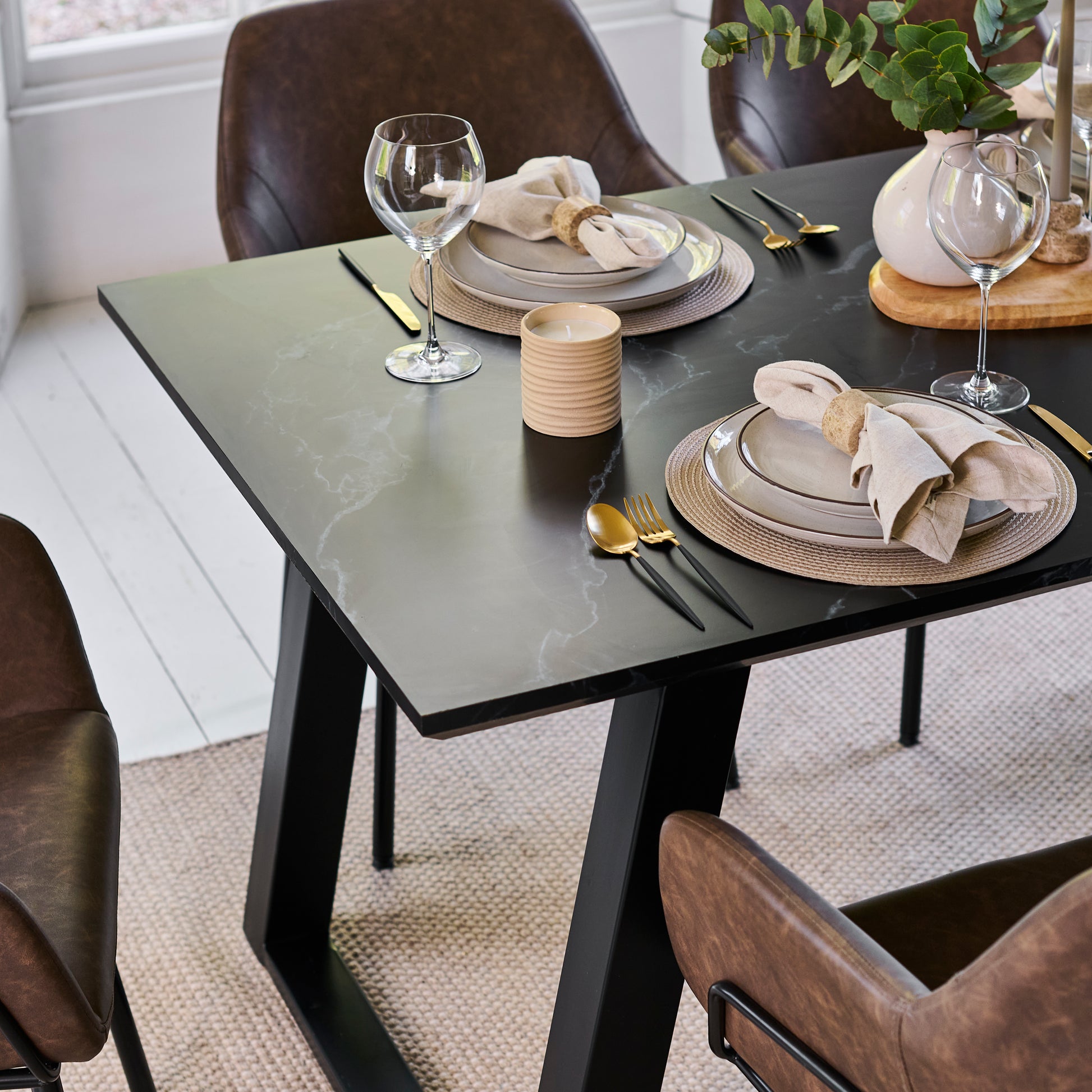 Atlas 160cm Black Marble Veneer Dining Table Set - 6 Seater - Reagan Dining Armchairs - Saddle Brown - Laura James